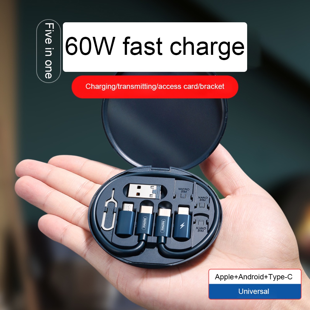 60W 5 In 1 Multi-Functional Fast Charging Box For Mobile Phones Portable USB Type C Data Cable Storage Kit With Card Pin Hidden Stand
